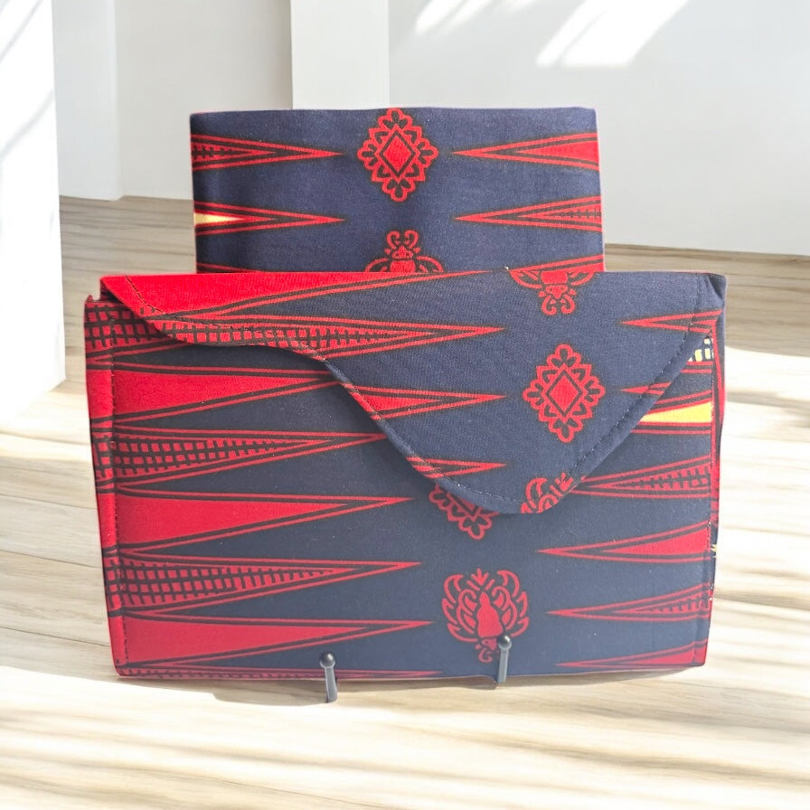 Ankara purse and head wrap set, dark blue with red geometric print