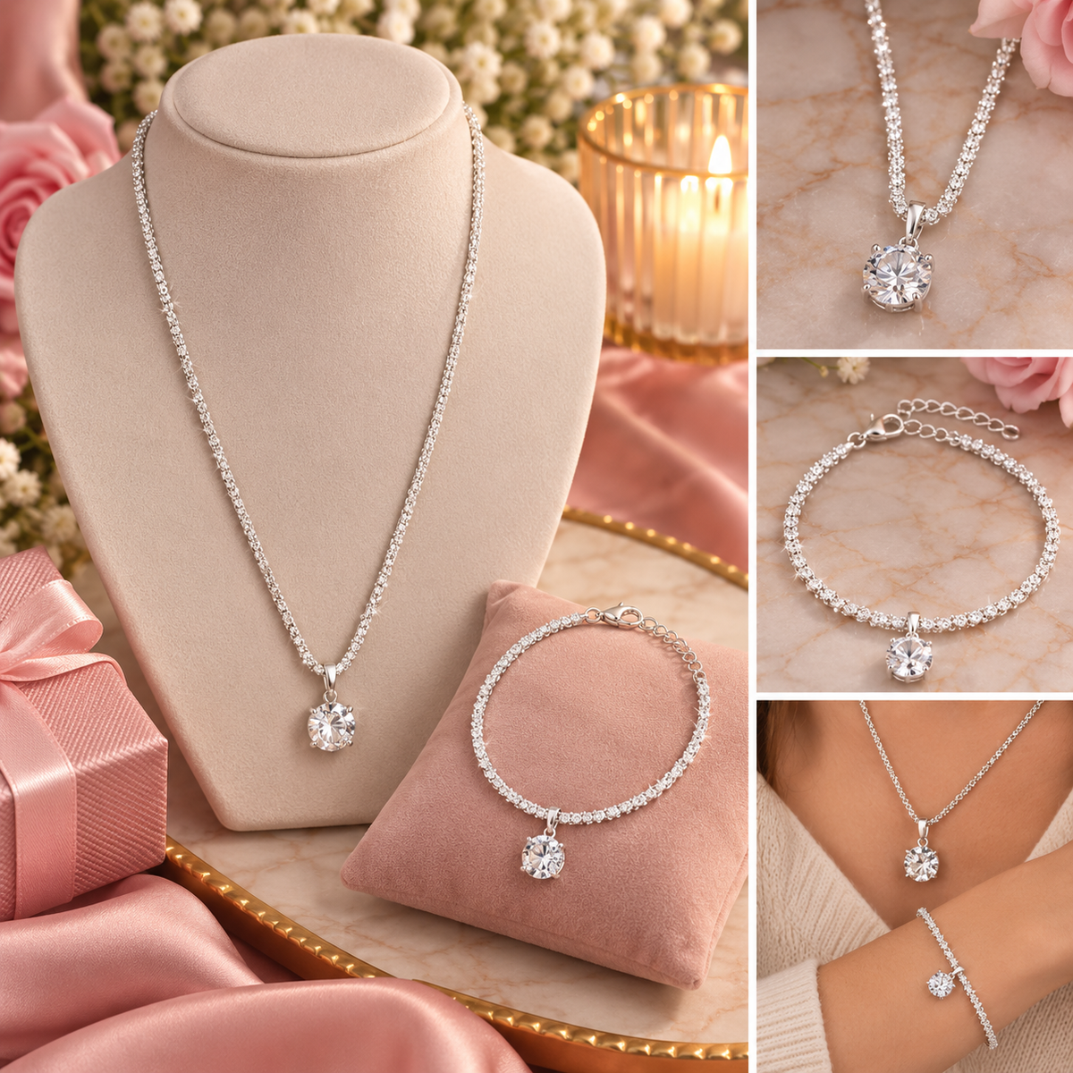 Crystal Glow 925 Sterling Silver Necklace and Bracelet Set