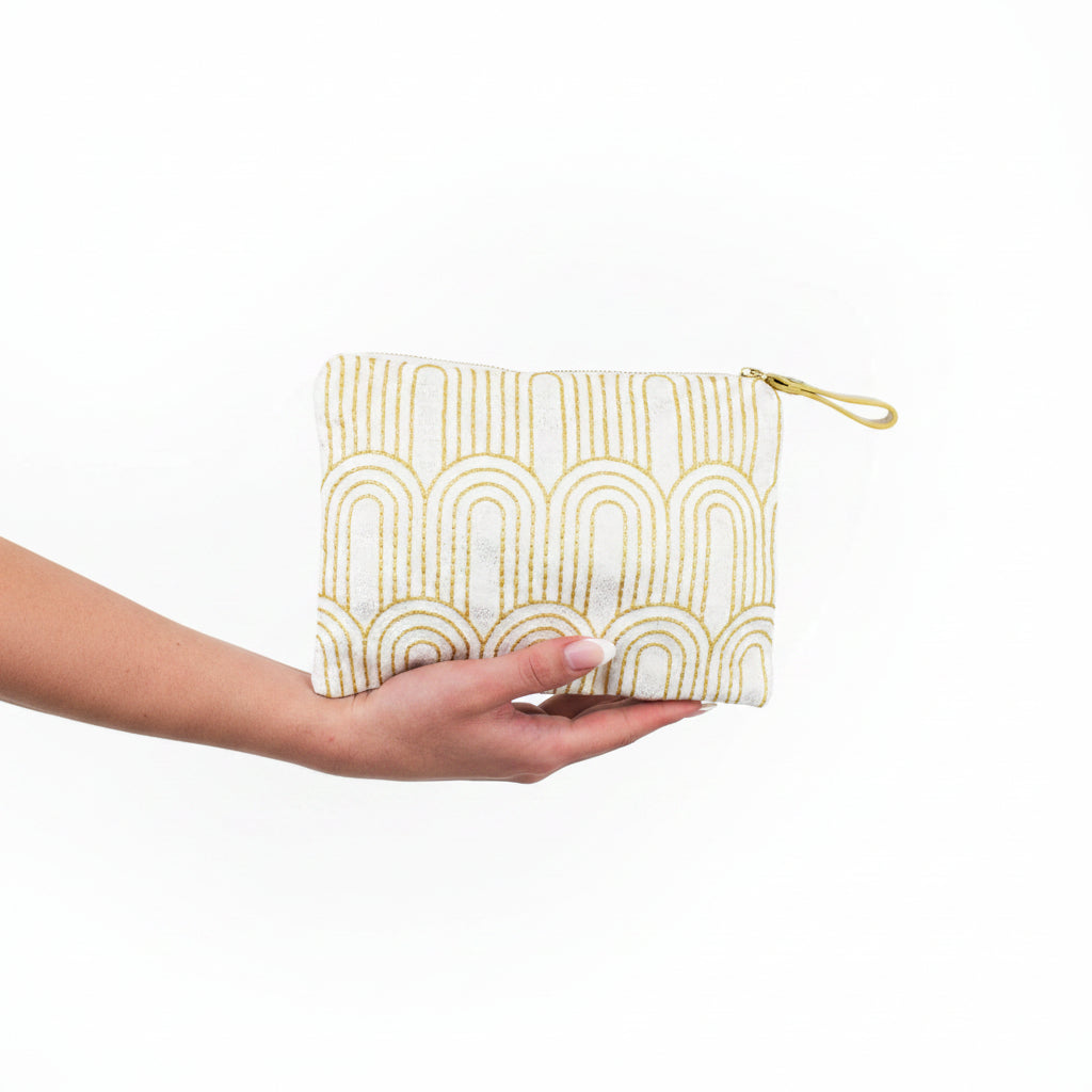 Josephine Embroidered Gold and White Wristlet Purse