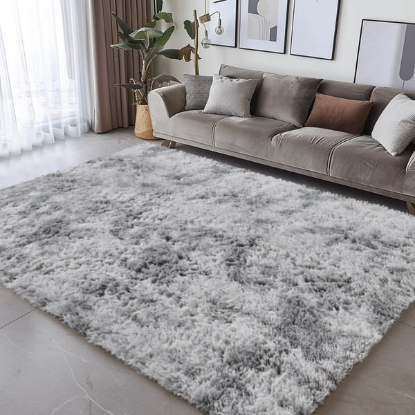 Light gray shaggy area rug with plush, dense pile