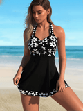 Plus Size Women's Printed Tankini, Two-Piece Vest Style Bikini with Boyshorts, European & American Cross-border Swimwear