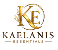 A gold and black logo for Kaelanis Essentials, featuring a circular 'KE' monogram with a leaf motif above the brand name on a white background.
