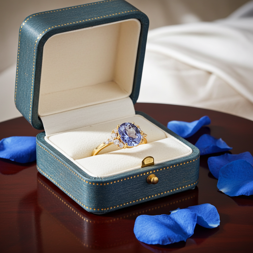 Anillo de compromiso ovalado de tanzanita y circonita cúbica, chapado en oro de 3 qt.